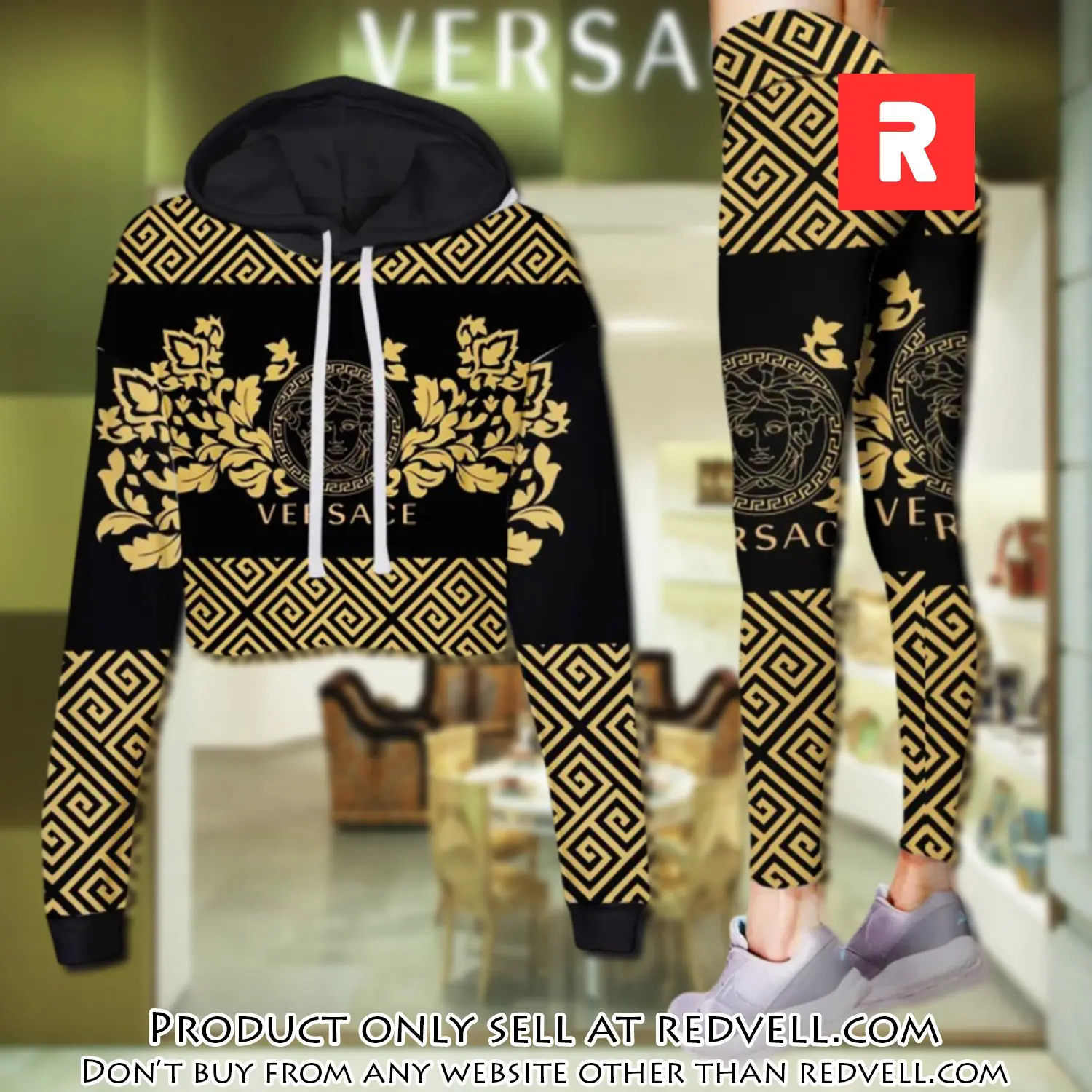 Versace medusa yellow pattern luxury brand clothes leggings and crop top set for women rv4502623